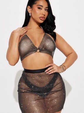 Fashion Nova Black Mesh Rhinestone Skirt Set